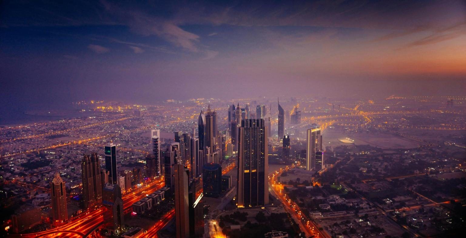 Dubai skyline lit up at night